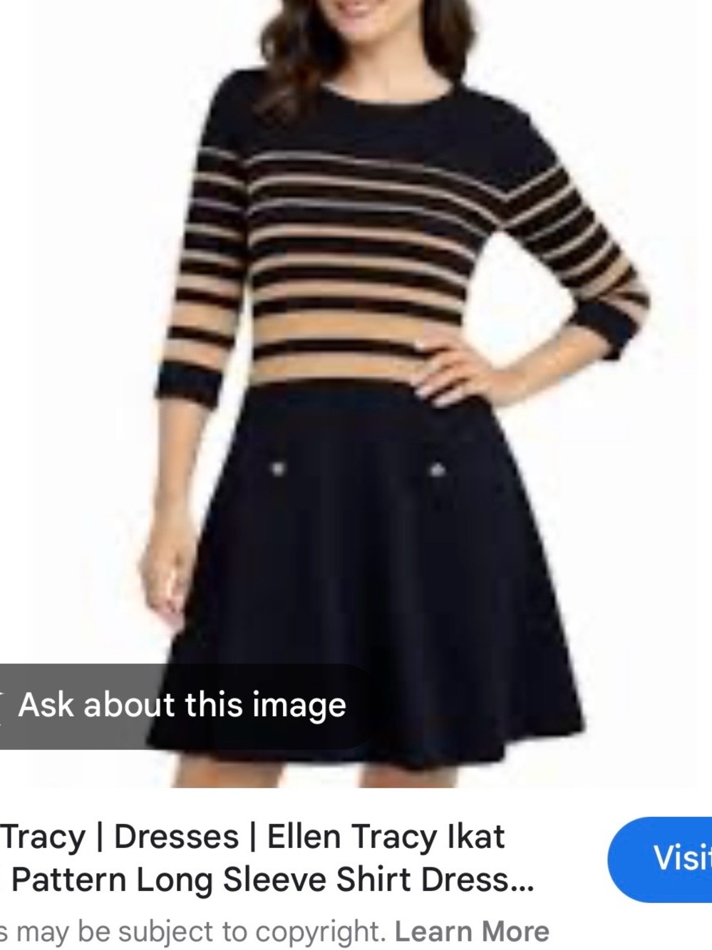 Ellen Tracy Black and Tan Striped Fit-and-Flare Dress